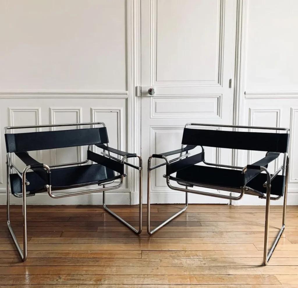 Marcel Breuer Chaise Wassily B3 en cuir noir